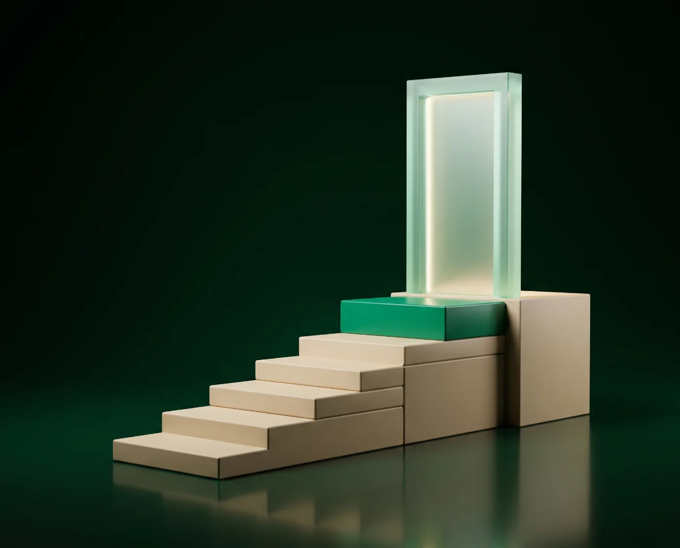 Abstracte 3D-compositie: een trap van zandkleurige blokken met een groene bovenste trede die uitkomt bij een verlichte glazen deuropening, beeld voor de stap naar AI in 2027