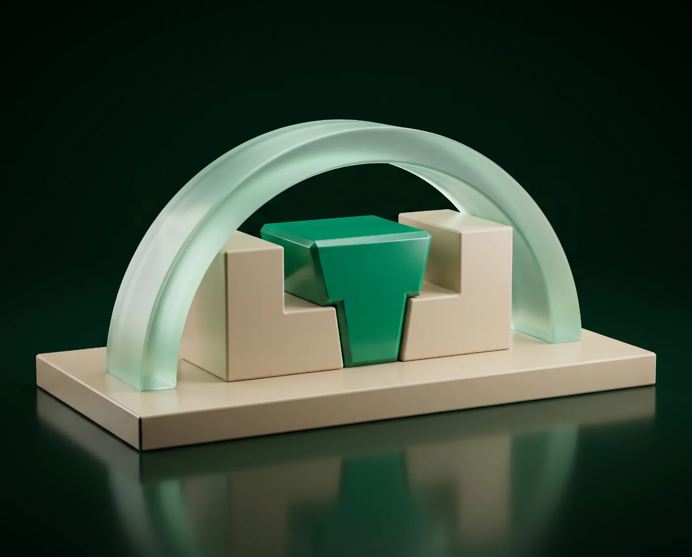 Abstracte 3D-compositie: zandkleurige bouwblokken die met een groene sluitsteen in elkaar passen onder een glazen boog, beeld voor samenwerking