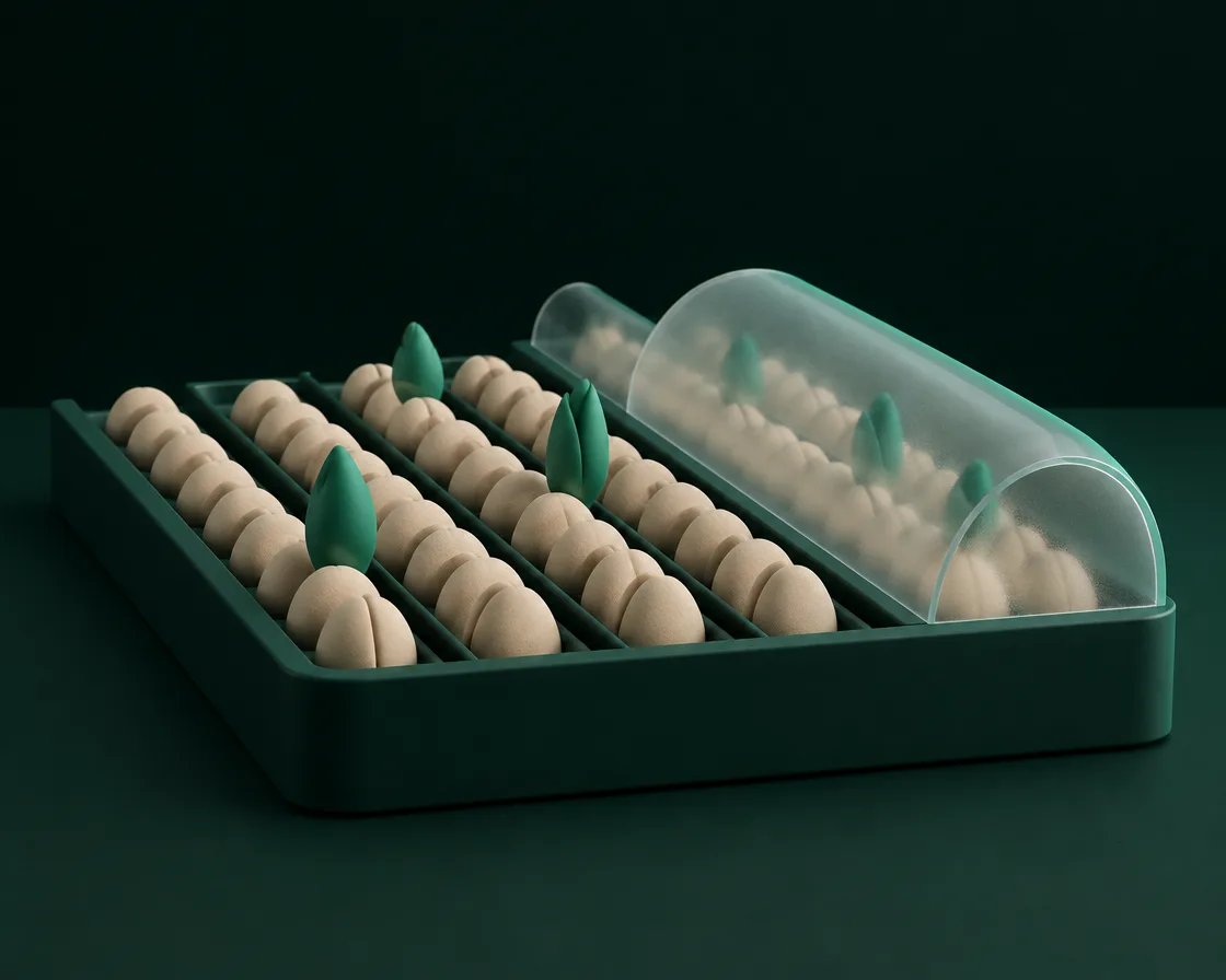 Abstracte 3D-compositie: kweekbak met rijen zandkleurige zaadvormen, groene spruiten en een glazen koepel, beeld voor AI in agrifood