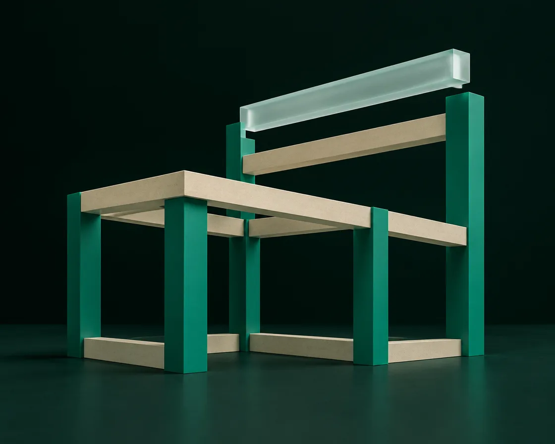 Abstracte 3D-compositie: bouwframe van zandkleurige balken en groene kolommen met een glazen balk, beeld voor AI in de bouw