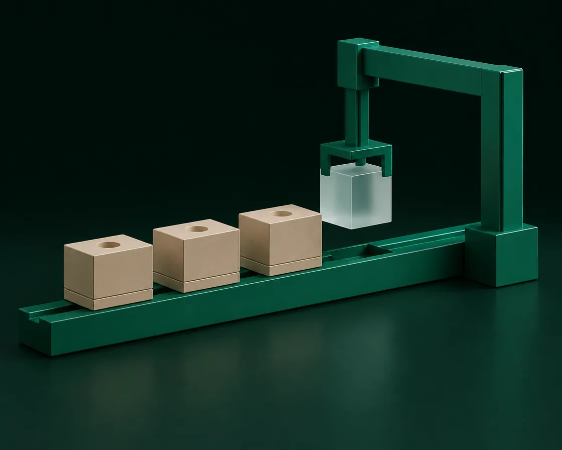 Abstracte 3D-compositie: productielijn van zandkleurige blokken op een groene rail met portaalkraan, beeld voor AI in de industrie