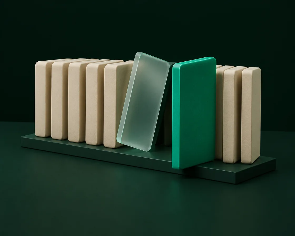 Abstracte 3D-compositie: rij afgeronde tegels als boeken op een plank, één glazen tegel opengeklapt, beeld voor AI in het onderwijs