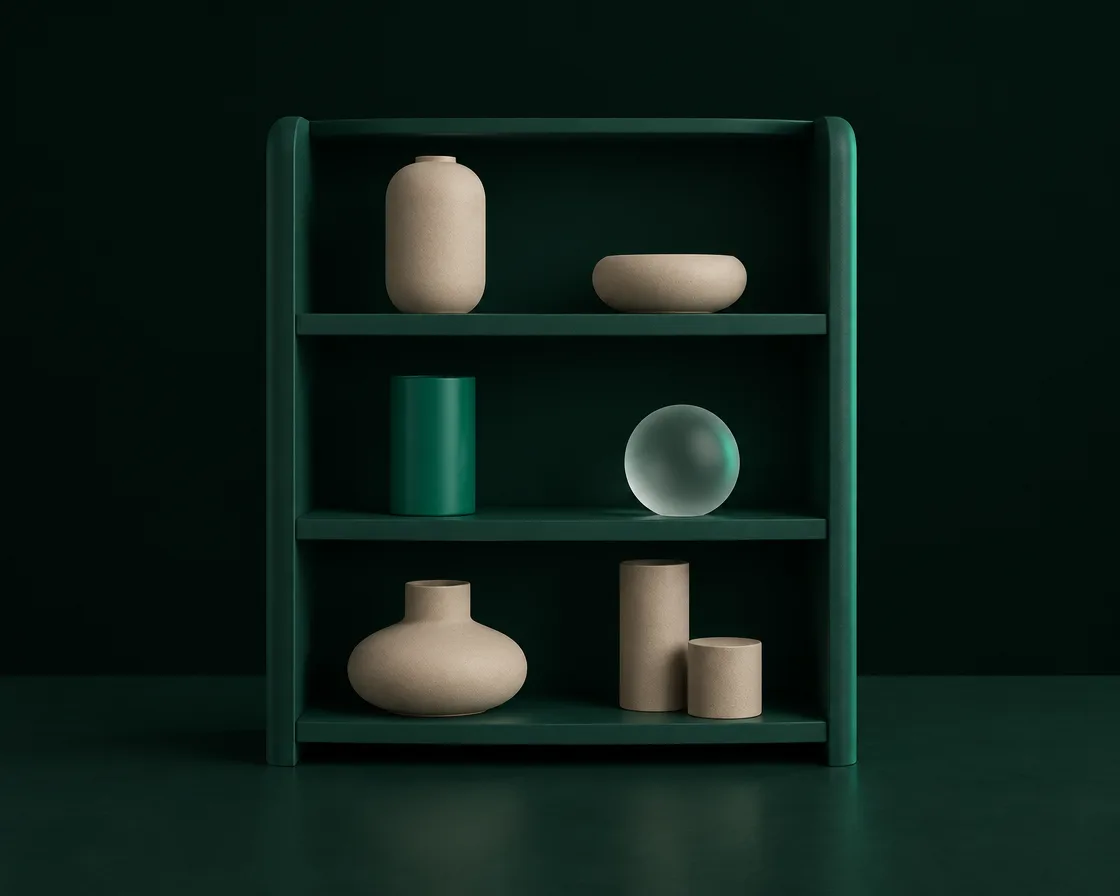 Abstracte 3D-compositie: donkergroen stellingkastje met afgeronde producten, een groene cilinder en een glazen bol, beeld voor AI in retail en horeca