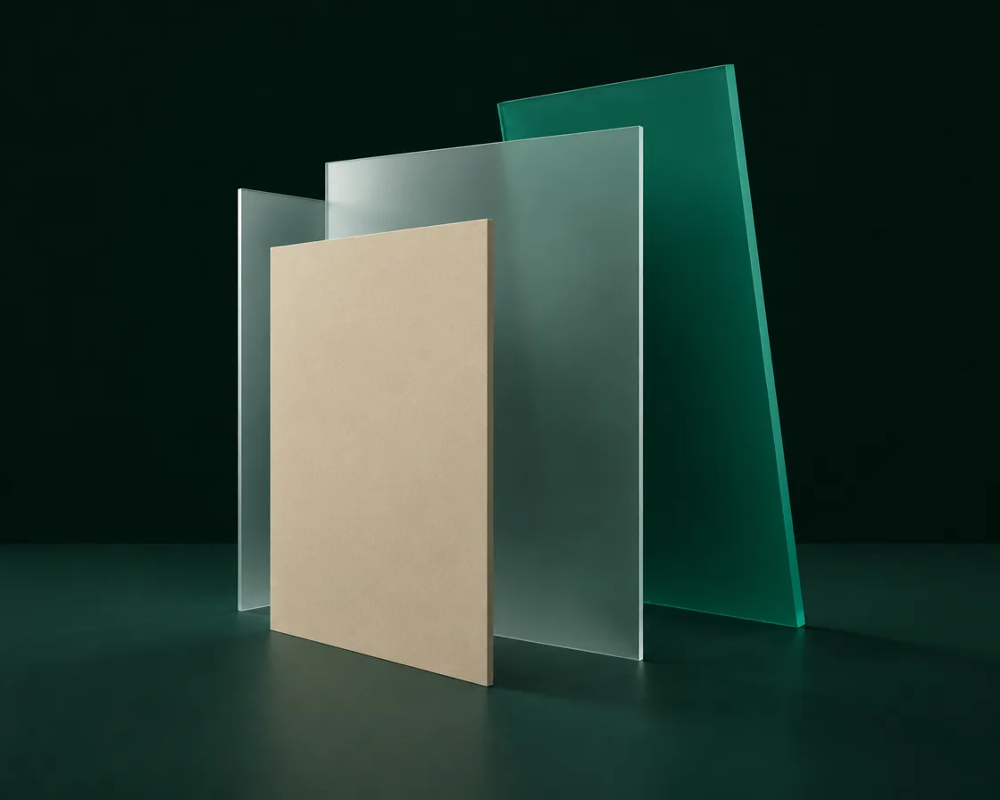 Abstracte 3D-compositie: overlappende glazen, zandkleurige en groene panelen als documentbladen, beeld voor AI in de zakelijke dienstverlening